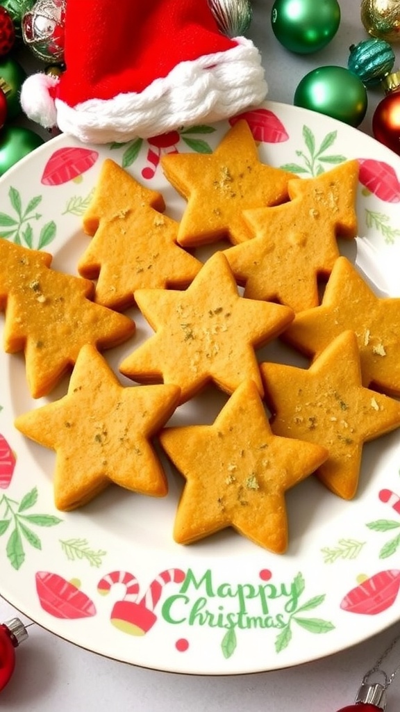 Homemade Christmas cat treats shaped like trees and stars on a holiday plate.